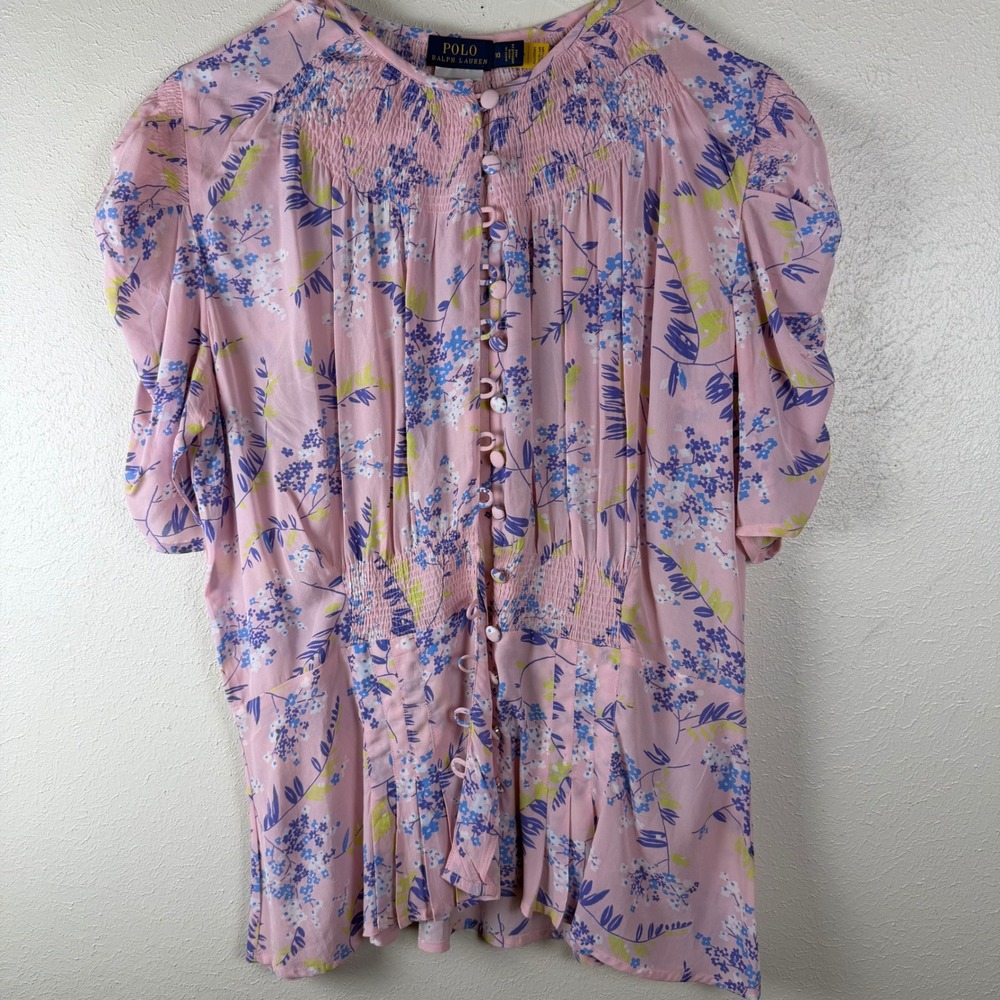 Polo Ralph Lauren Pink Floral Smocked Button Front Puff Sleeve‎ Blouse Size 10